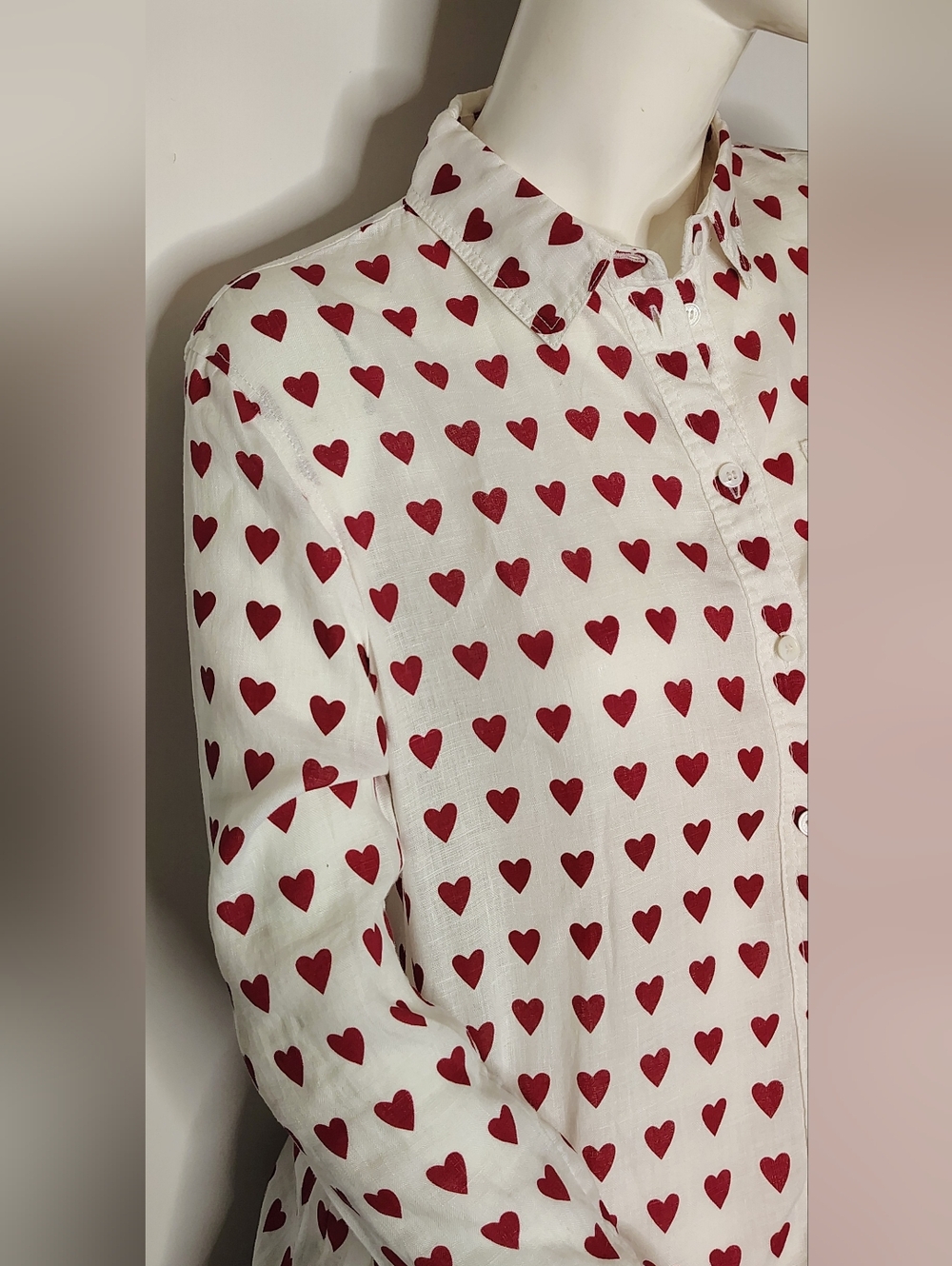 Burberry London Red Heart Print Linen Shirt Sz Large - Picture 5 of 16